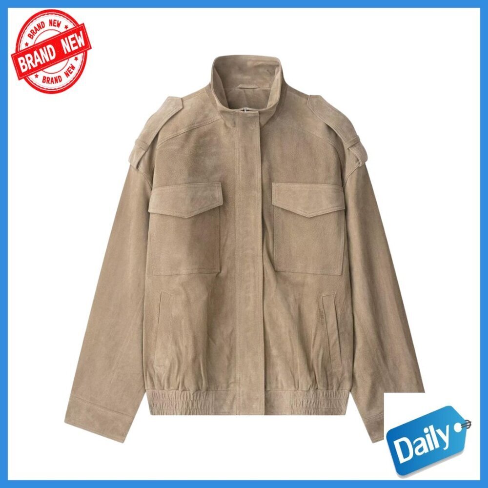 Faux Suede Bomber Jacket Oversized Relaxed Fit Long Sleeve Zip Front